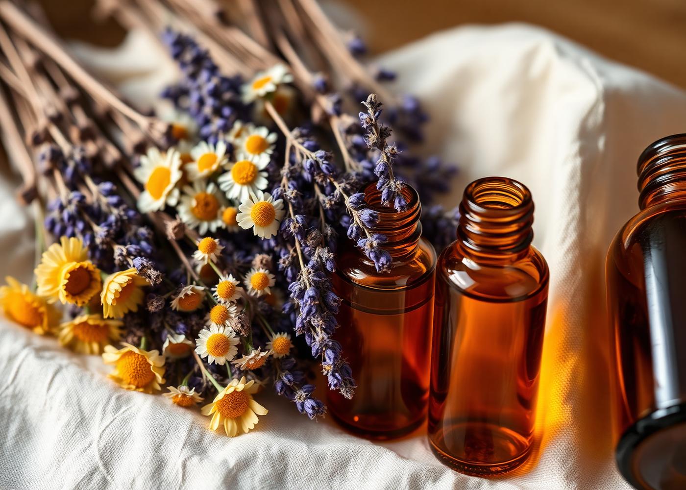 Dried calendula, chamomile and lavender with amber remedy bottles