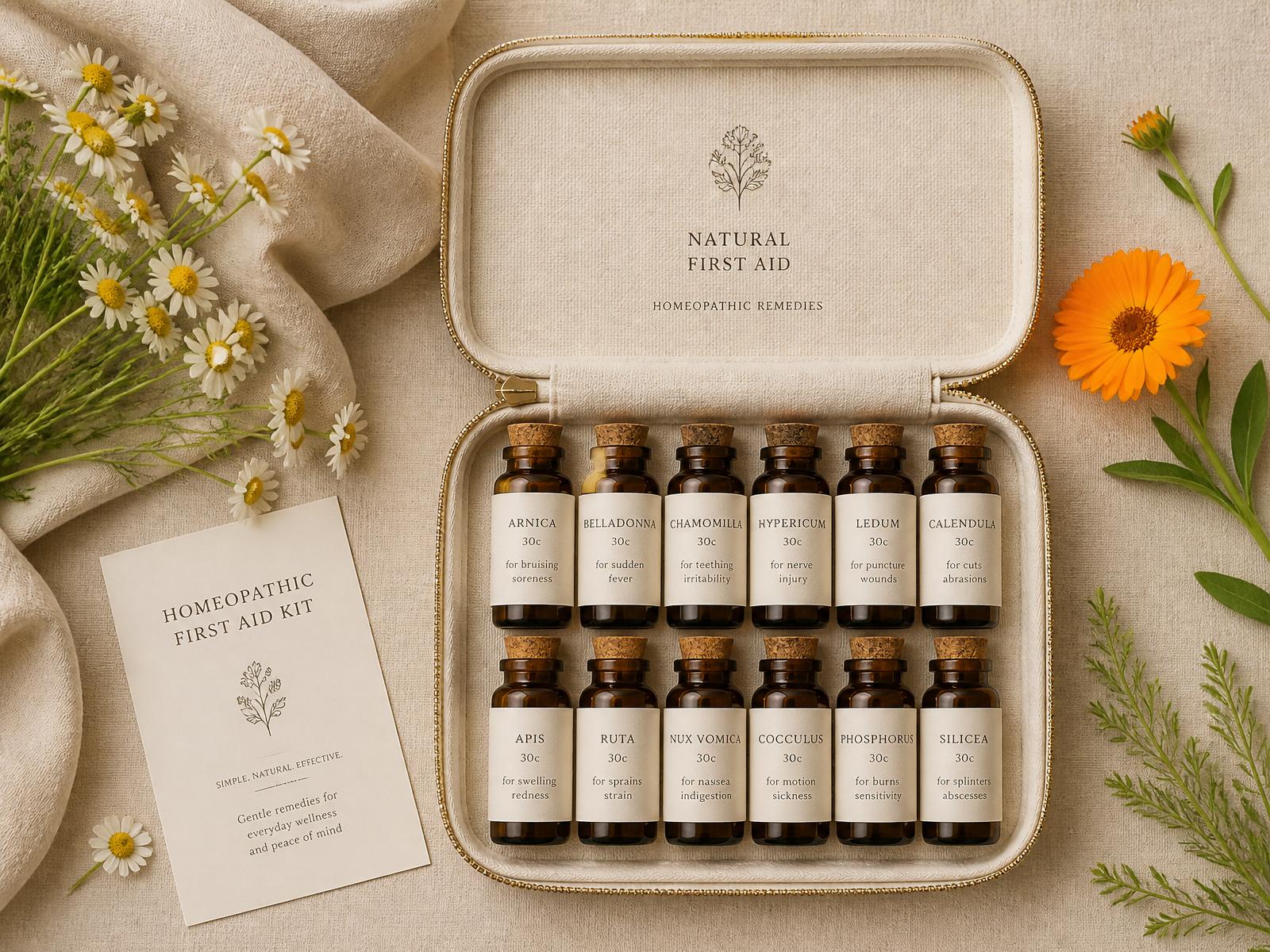 Homeopathic first aid kit with 30 remedies in a linen-lined travel case